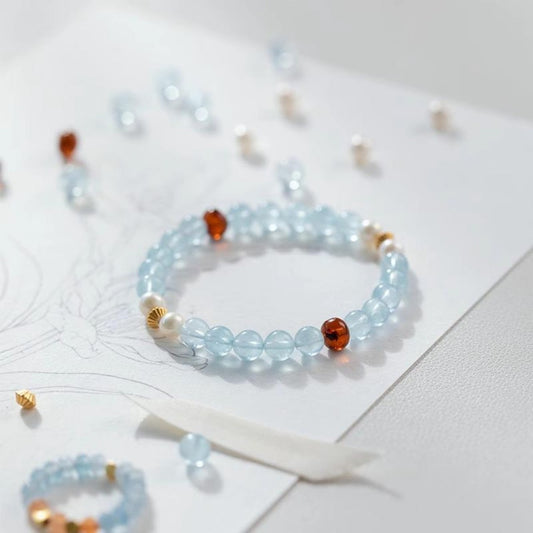 Aquamarine freshwater pearl blood amber Feng Shui bracelet