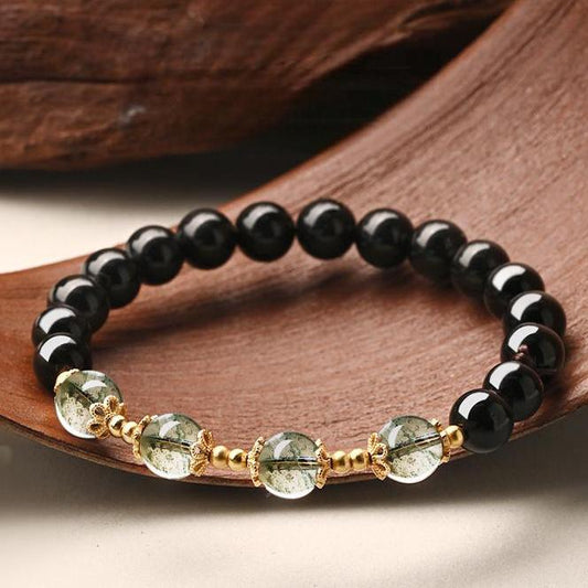 Black Obsidian & Green Phantom Quartz Energy Shielding Bracelet - Protection for Anxiety Relief (6mm/8mm/10mm)