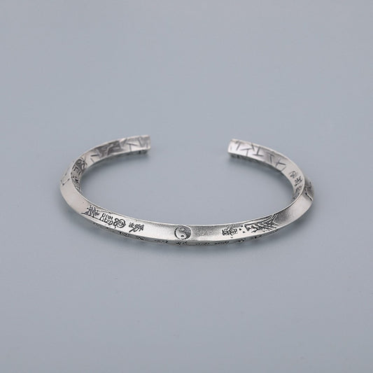 Taoist Nine Mantras Vintage S925 Silver Bangle – Adjustable Feng Shui Bracelet with Hammered Finish