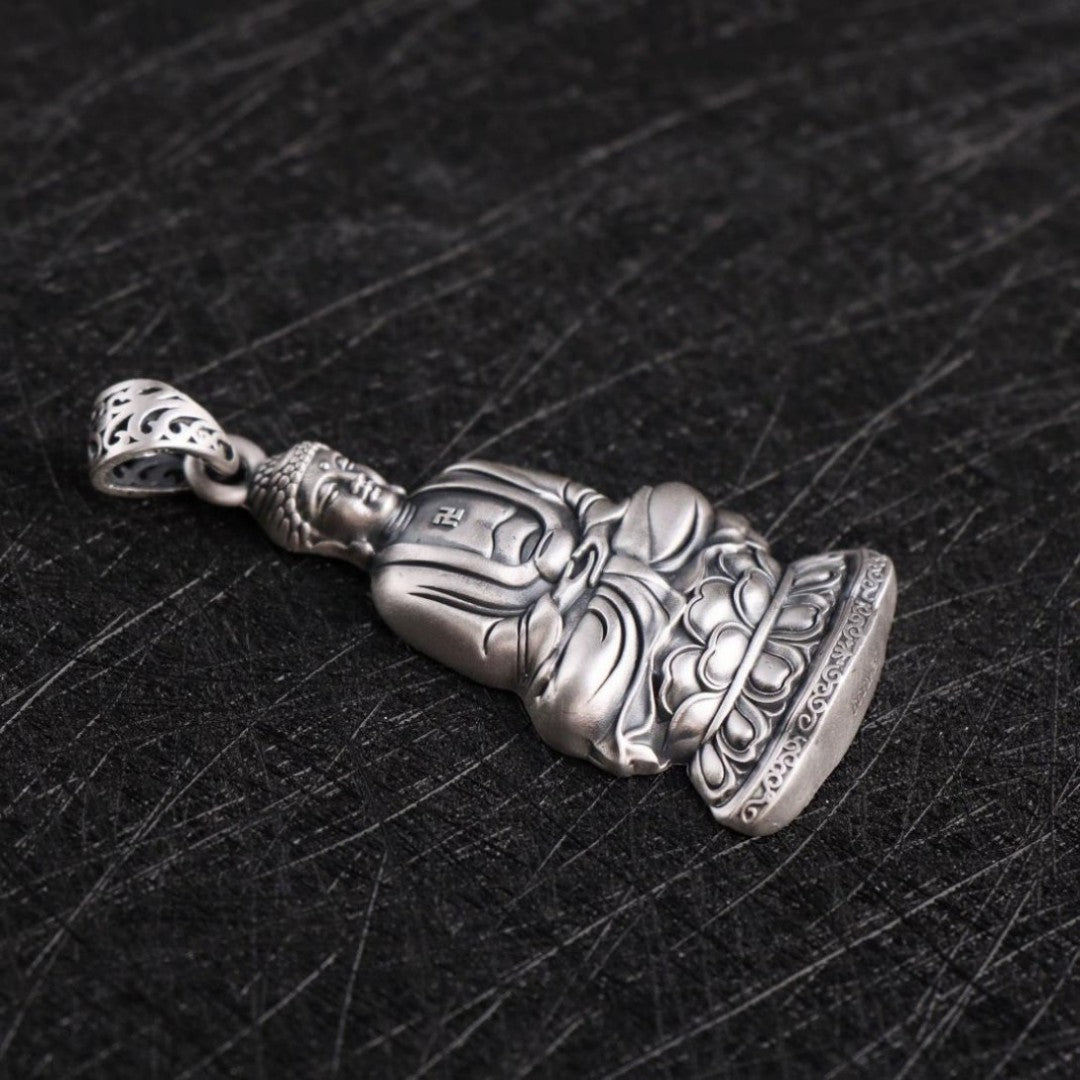 S999 Silver Double-Sided Da Ri Rulai Buddha Pendant – Vintage Embossed Buddhist Amulet Necklace