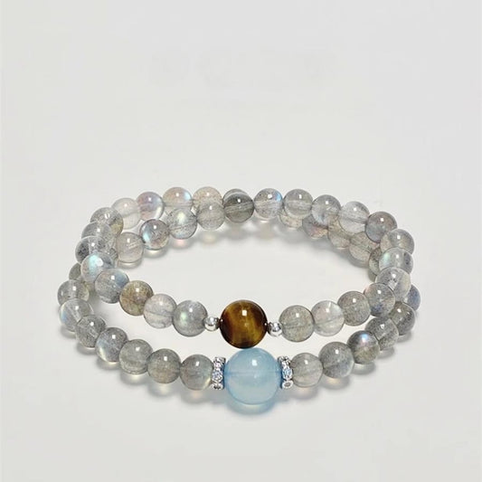 Grey Moonstone Double Wrap - Intuition Bracelet with Aquamarine & Tiger Eye