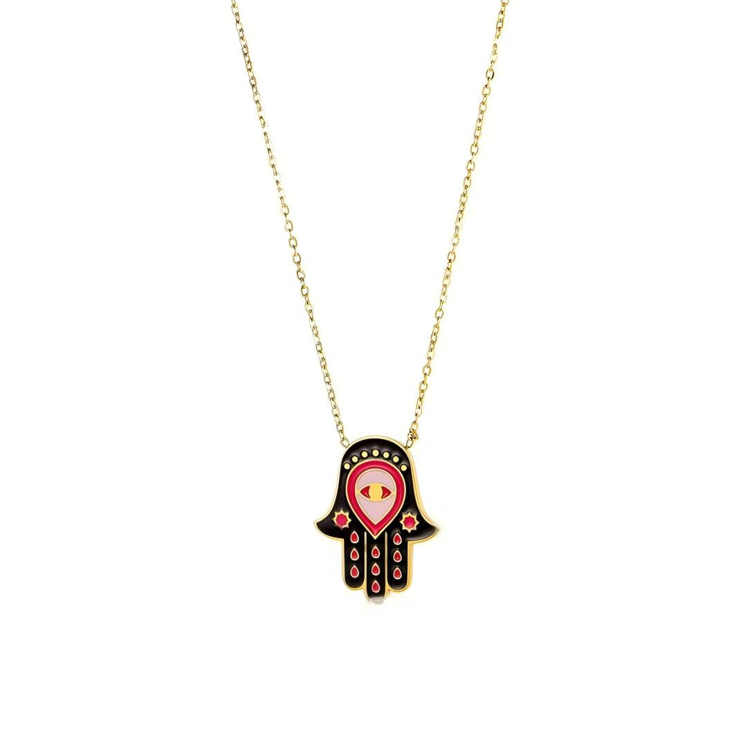 Black enamel Hamsa hand necklace with red pink yellow accents and evil eye