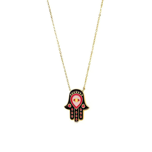 Black enamel Hamsa hand necklace with red pink yellow accents and evil eye