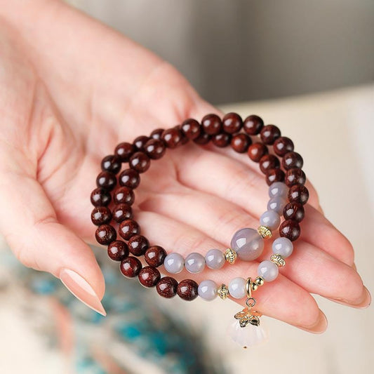 Small-leaf red sandalwood double-wrap bracelet with 6mm gray agate beads