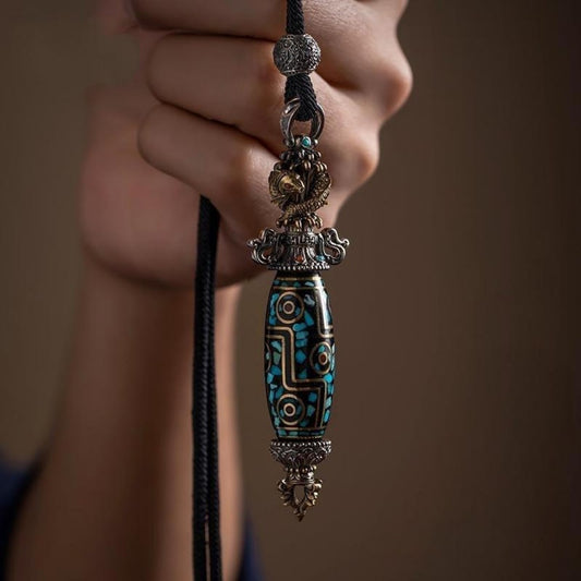 Tibetan Vajra Dzi Bead Pendant Necklace with Koi fish engraving and floral motifs