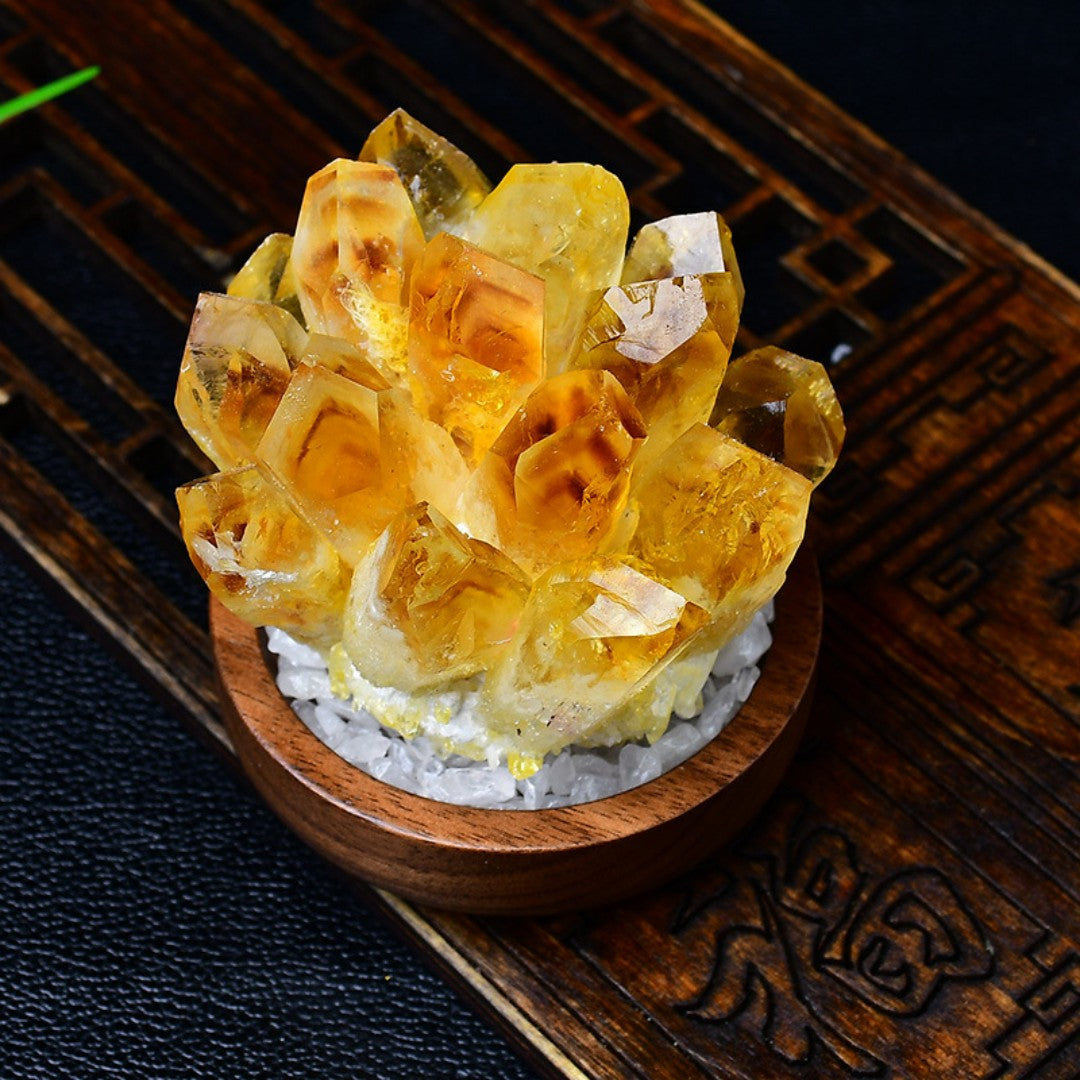 Yellow citrine crystal cluster on walnut base with clear quartz stones