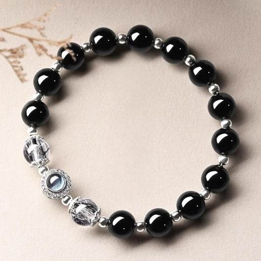 Obsidian black rutilated quartz aquamarine Feng Shui bracelet