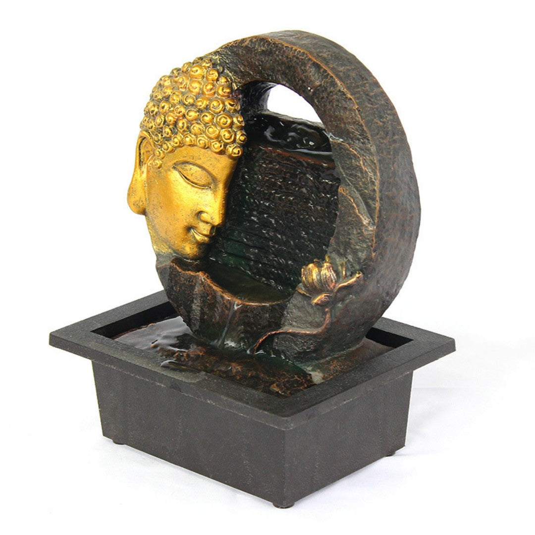 Half face Buddha stone sculpture with gold lotus — feng shui decor