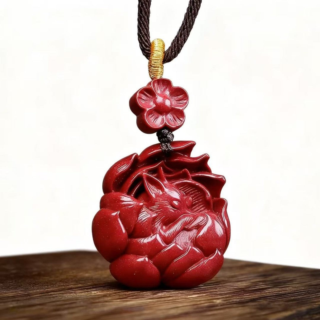 Cinnabar Nine-Tailed Fox Pendant Necklace – Red and Purple Sand Options | Spiritual Talisman for Protection and Wisdom