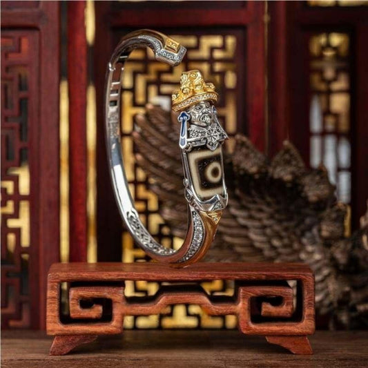 Tibetan wealth Dzi bead bangle with Nine-Eye Dzi beads on brass open cuff
