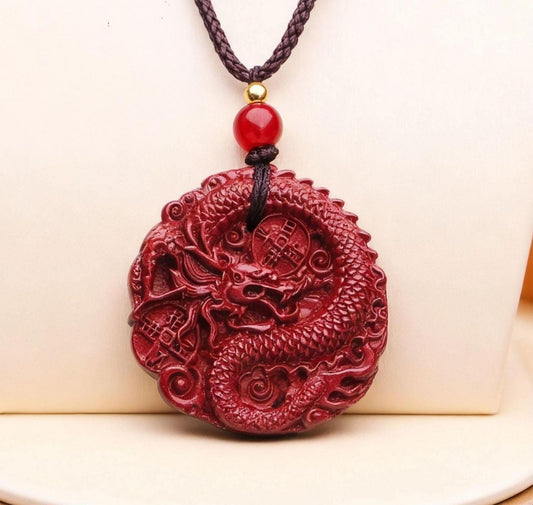Cinnabar Dragon Medallion Pendant – Feng Shui Talisman Necklace for Luck and Prosperity