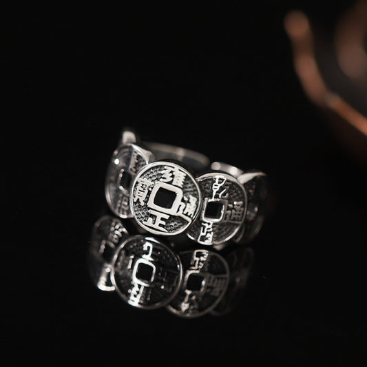 Five Emperor Coins Ring - Ancient Chinese Prosperity Amulet Sterling Silver