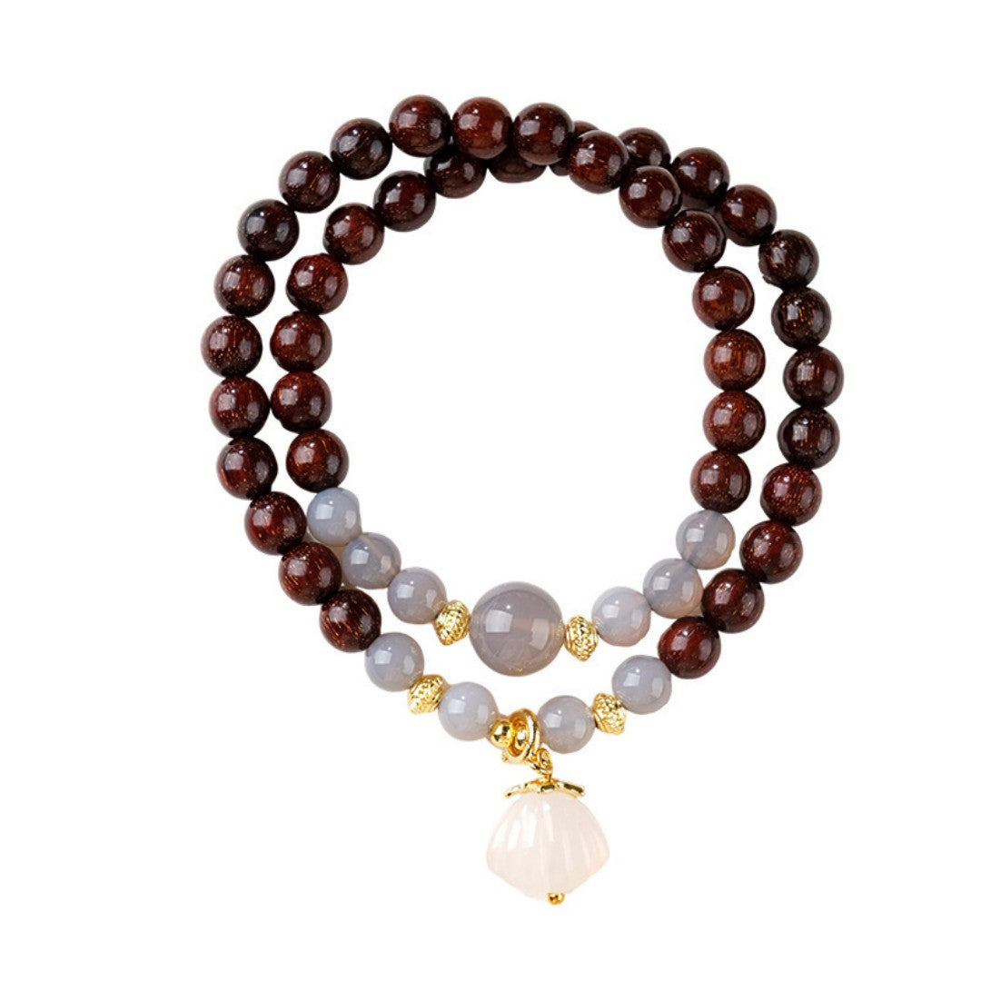 Small-leaf red sandalwood double-wrap bracelet with 6mm gray agate beads