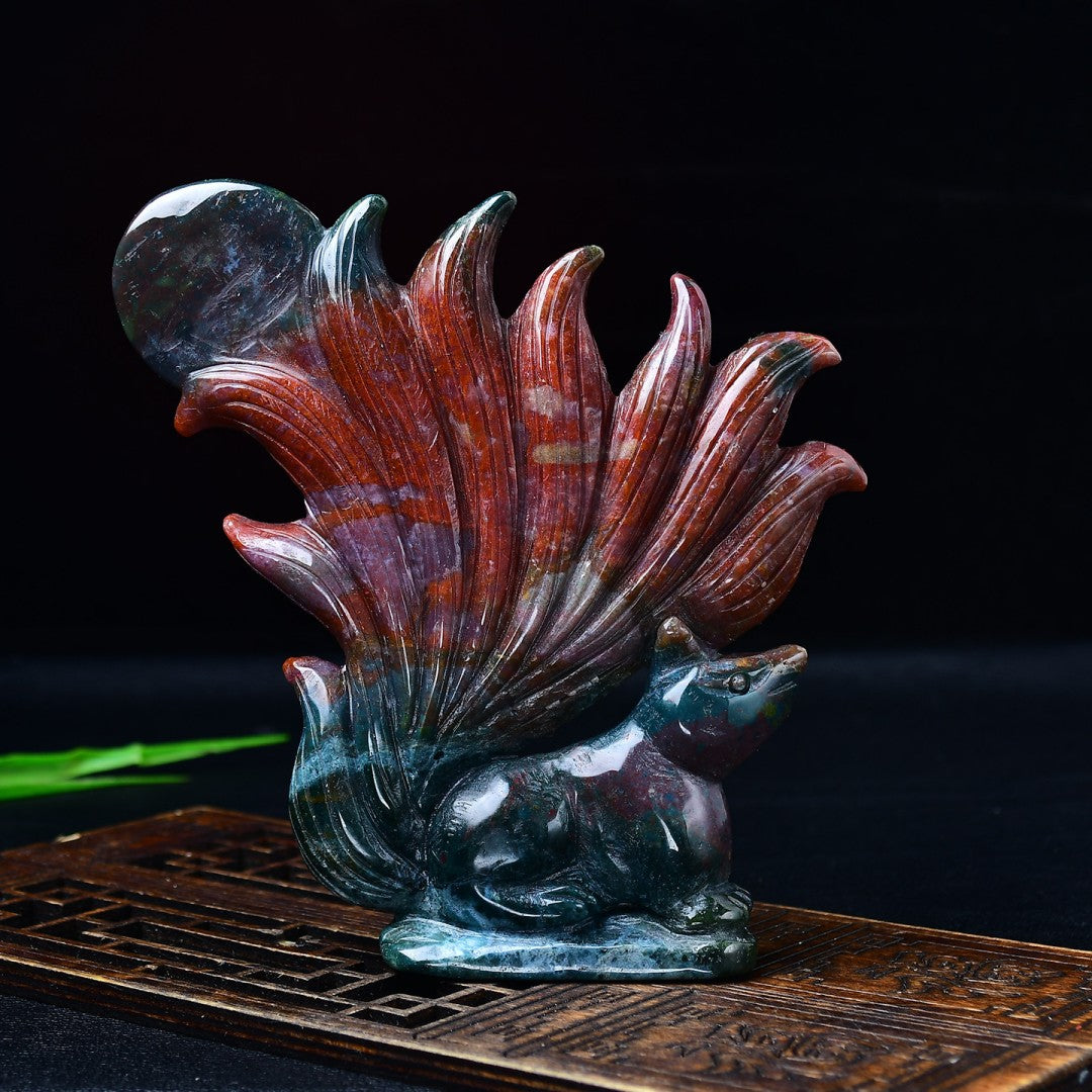 Natural ocean jasper nine-tailed fox figure with deep red and blue colors