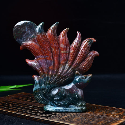 Natural ocean jasper nine-tailed fox figure with deep red and blue colors