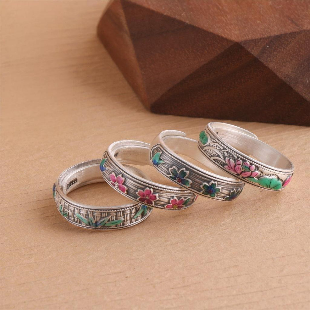 S999 sterling silver cloisonné enamel adjustable ring – bamboo, lotus, floral design