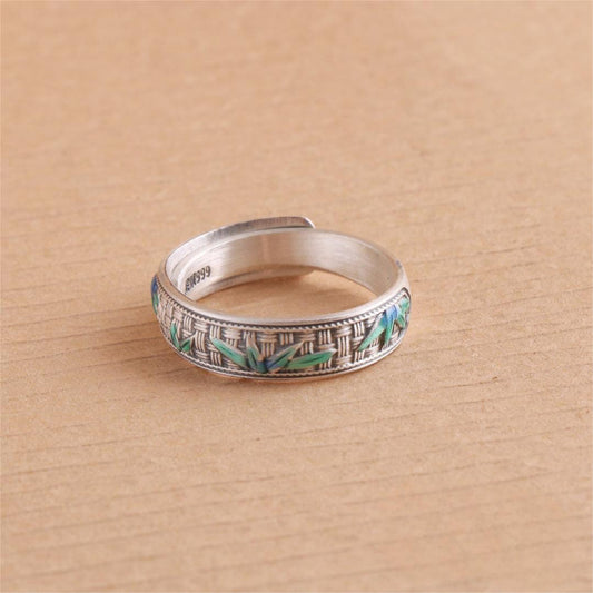 S999 sterling silver cloisonné enamel adjustable ring – bamboo, lotus, floral design