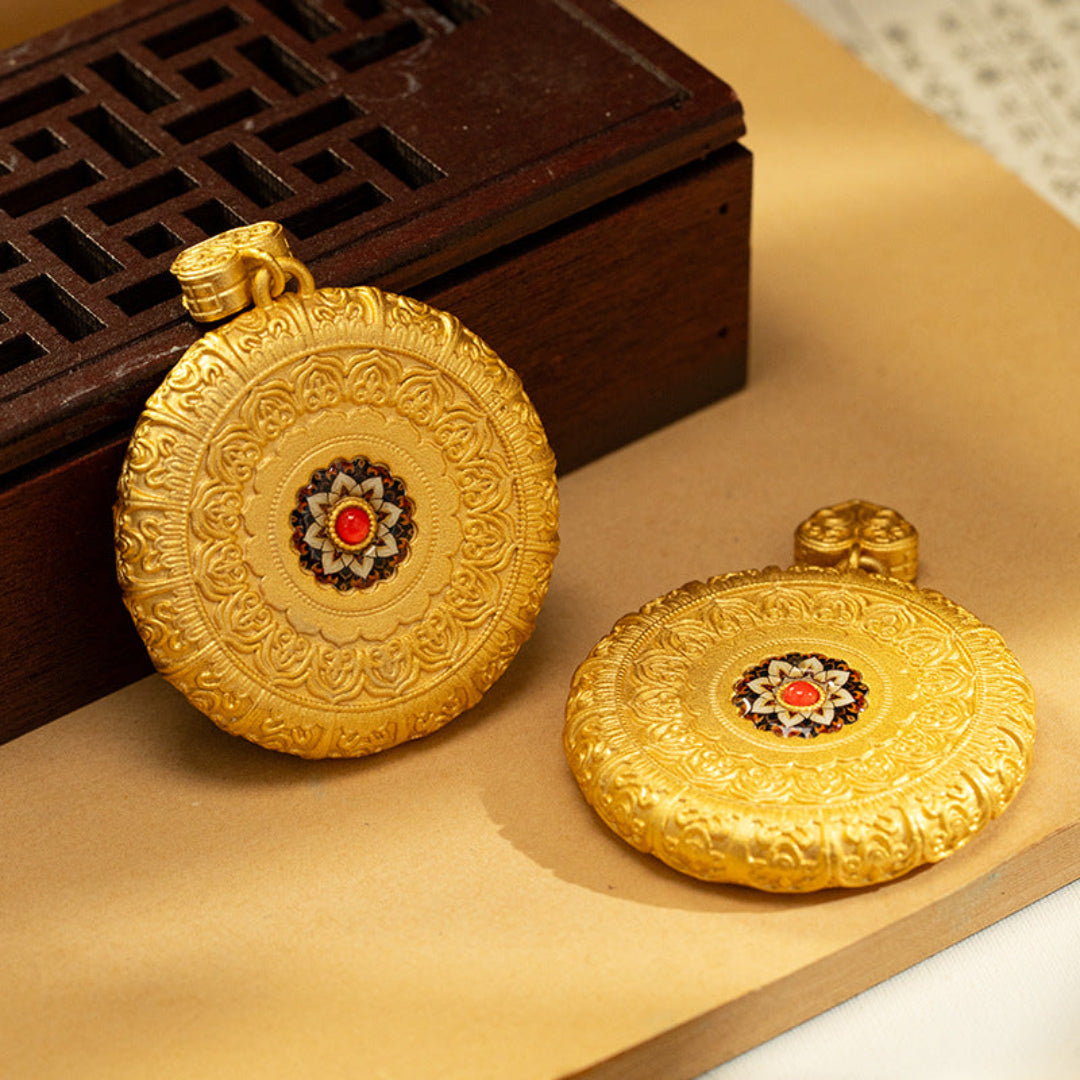 Hand-painted Tibetan Thangka pendant necklace in brass with traditional spiritual motifs