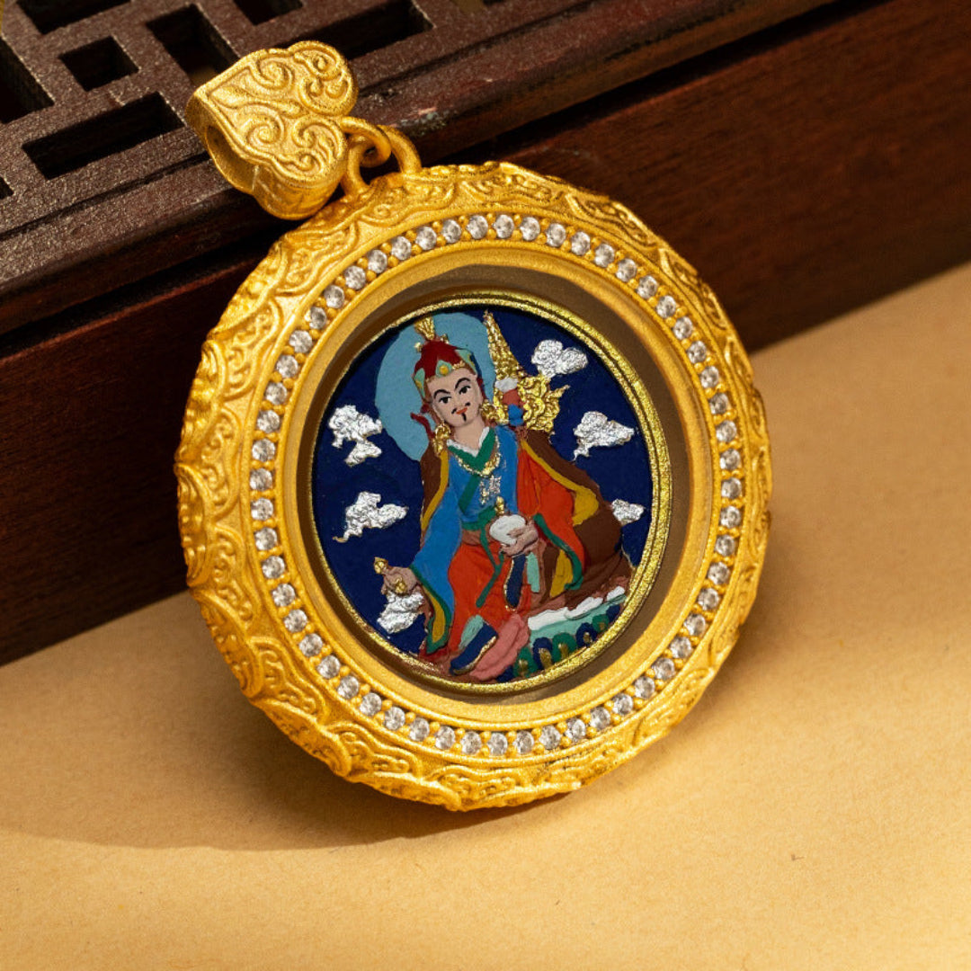 Hand-painted Tibetan Thangka pendant necklace in brass with traditional spiritual motifs