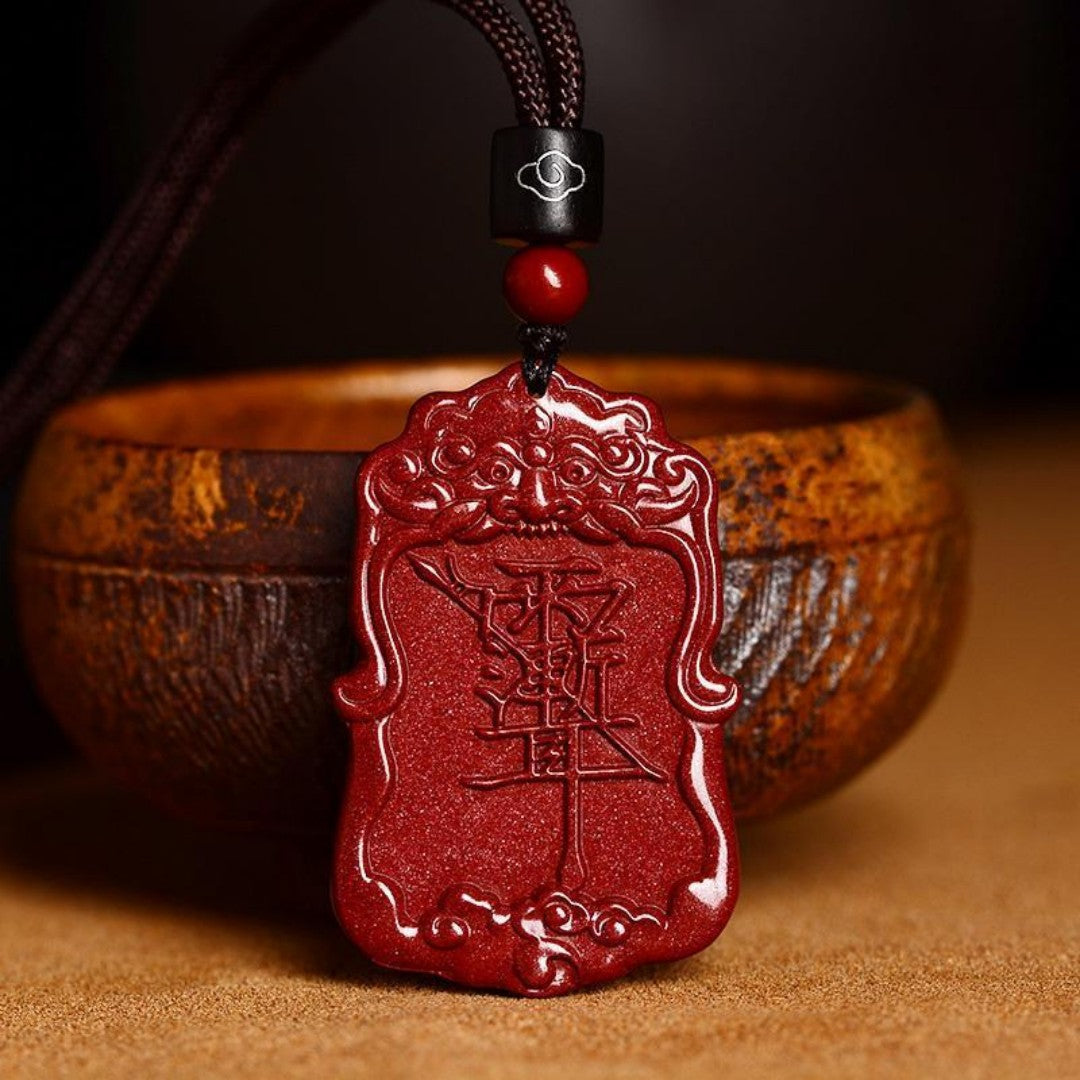 Cinnabar Taoist Pendant with Ziwei and Leizu Symbols – Red Sandstone Amulet for Good Fortune and Protection