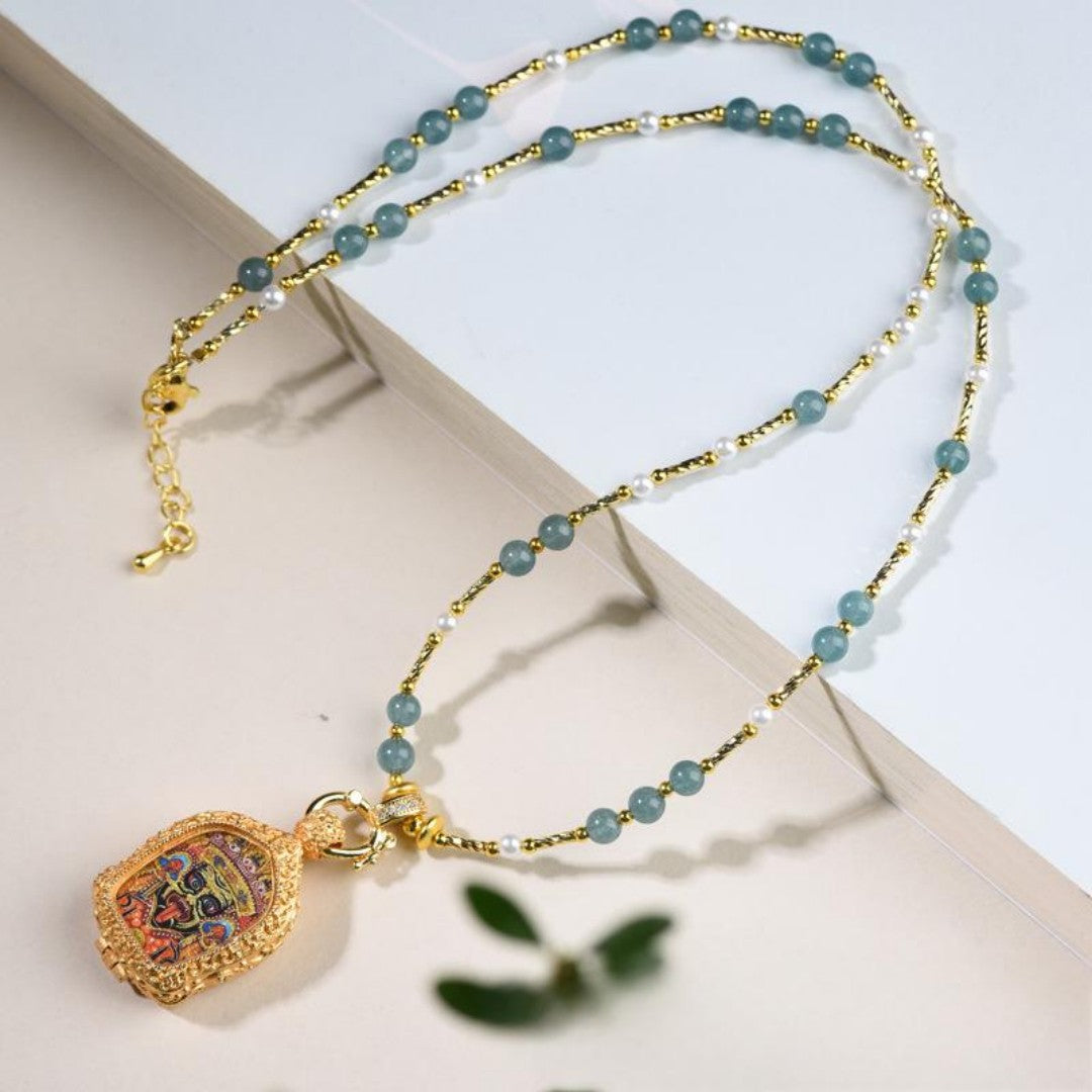 Tibetan Buddhist Copper Guardian Deity Pendant & Blue Jadeite Necklace