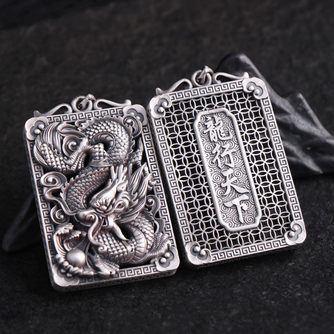 S999 Sterling Silver Chinese Dragon Pendant – Vintage Hollow Carved Feng Shui Talisman Necklace