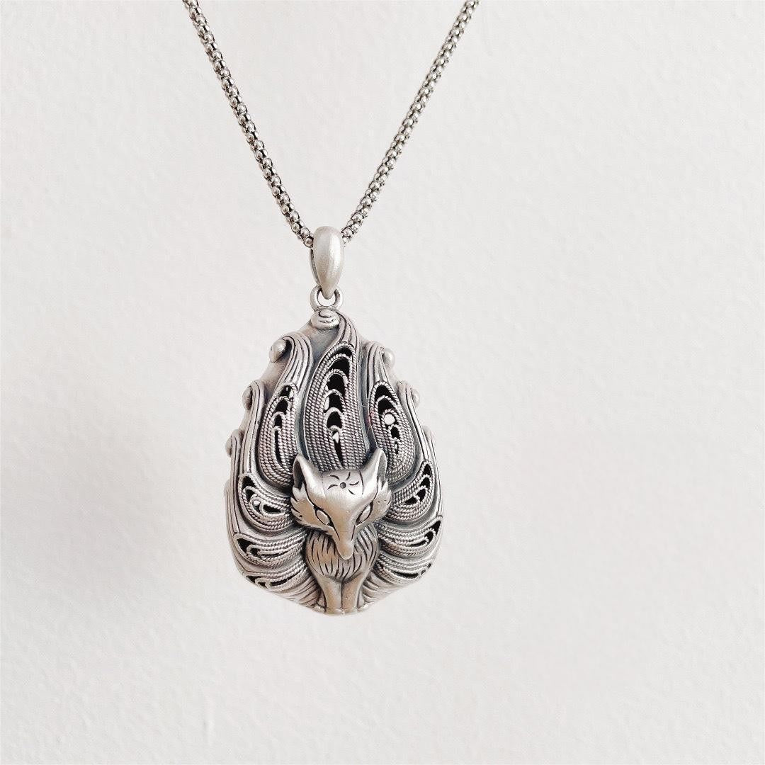 Nine-Tailed Fox S999 Fine Silver Pendant – Vintage Oriental Filigree Feng Shui Necklace
