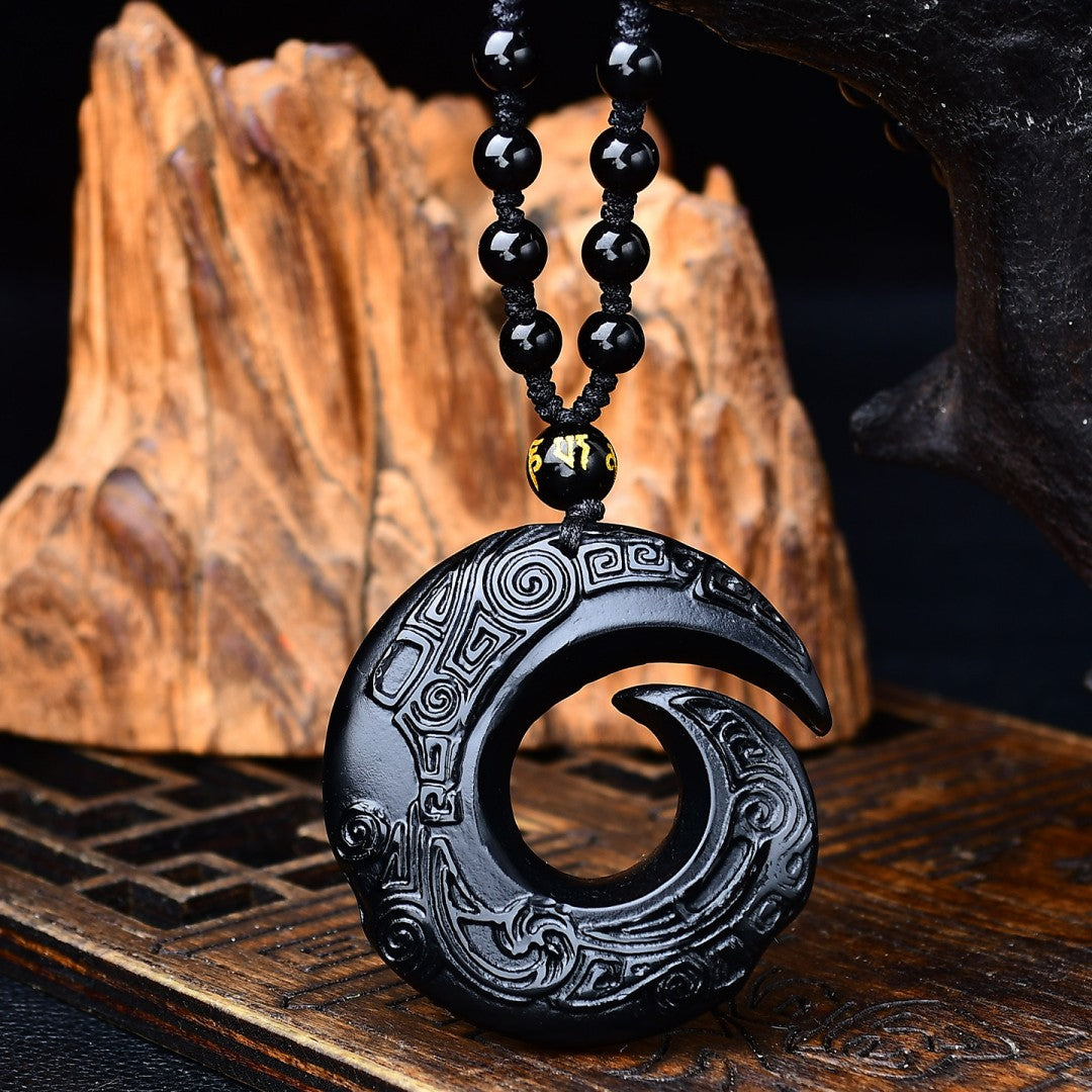 Black obsidian crescent pendant necklace with six-word mantra bead