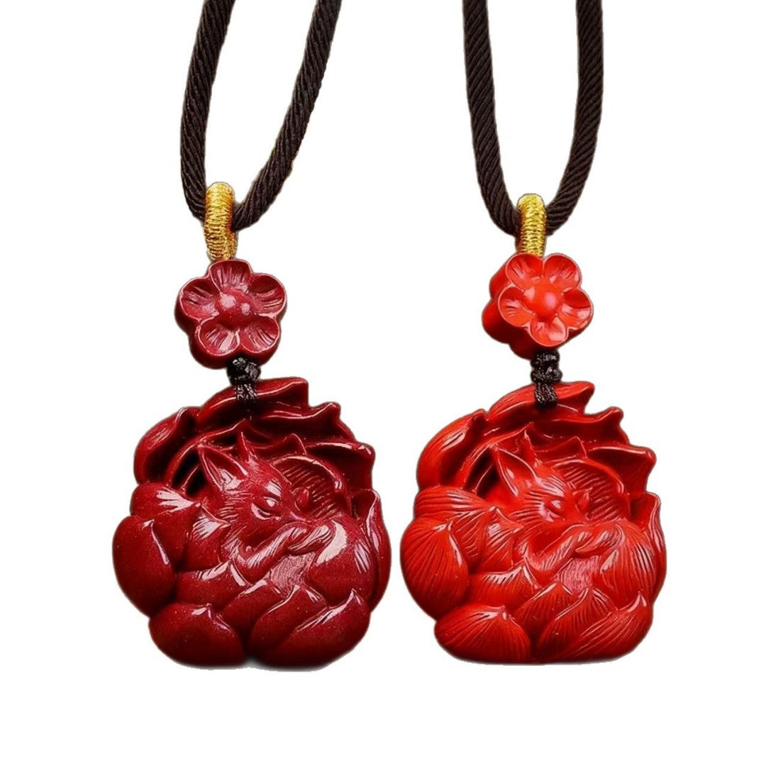 Cinnabar Nine-Tailed Fox Pendant Necklace – Red and Purple Sand Options | Spiritual Talisman for Protection and Wisdom