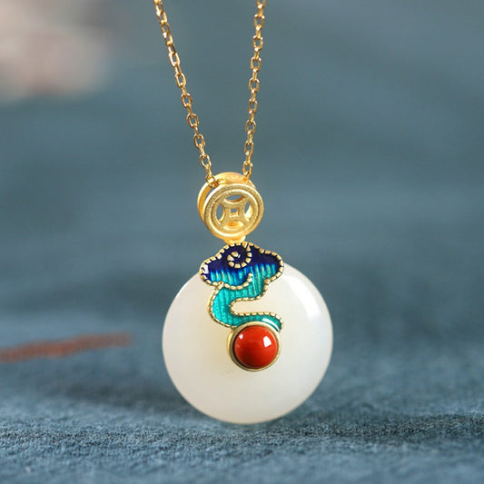 Hetian Jade Coin Necklace - Protection & Harmony Pendant with Carnelian & Enamel
