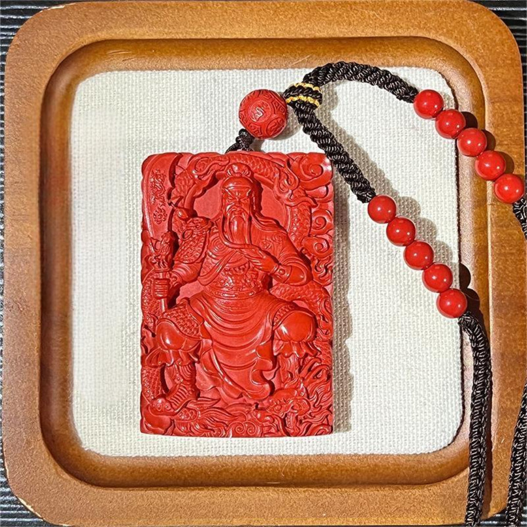 Guanyu Pendant – Cinnabar Wealth & Protection Amulet with Detailed Carving of the Chinese God of War