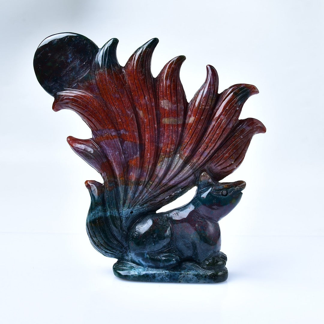 Natural ocean jasper nine-tailed fox figure with deep red and blue colors