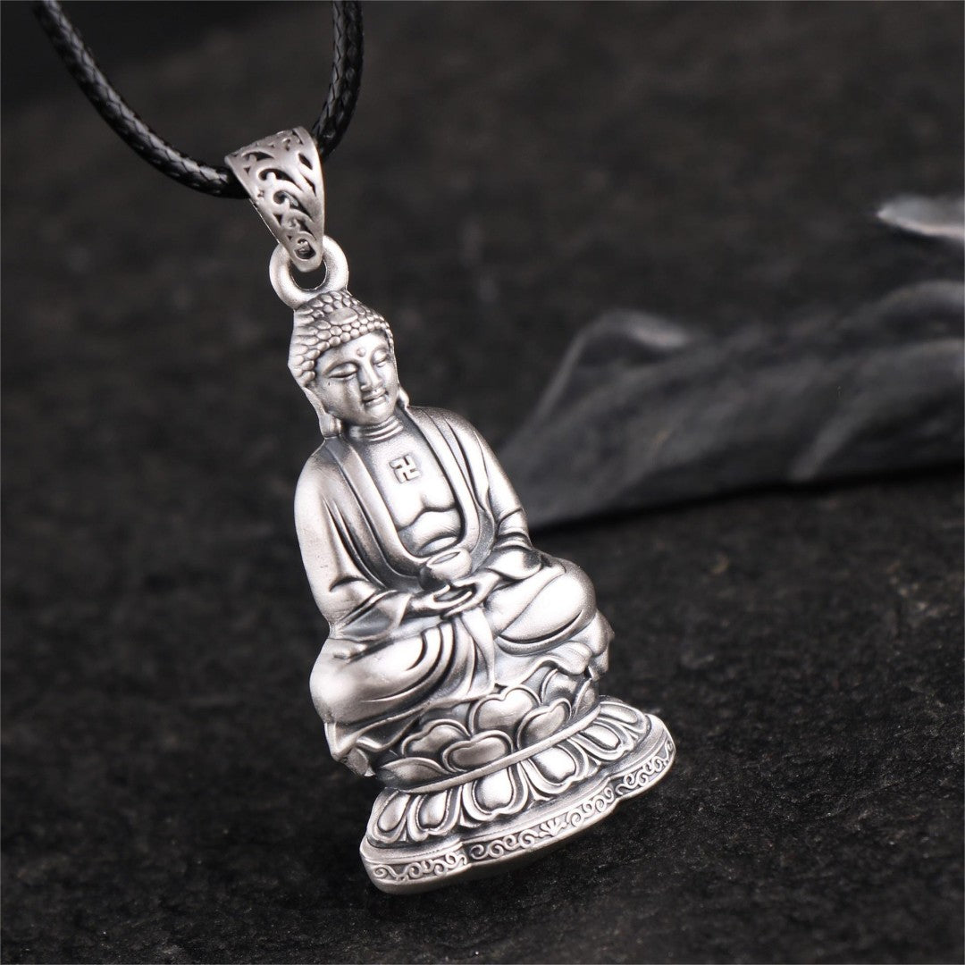 S999 Silver Double-Sided Da Ri Rulai Buddha Pendant – Vintage Embossed Buddhist Amulet Necklace