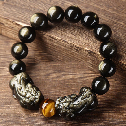 Double Pi Xiu Wealth Guardian Bracelet - Black Obsidian & Tiger Eye for Business Luck