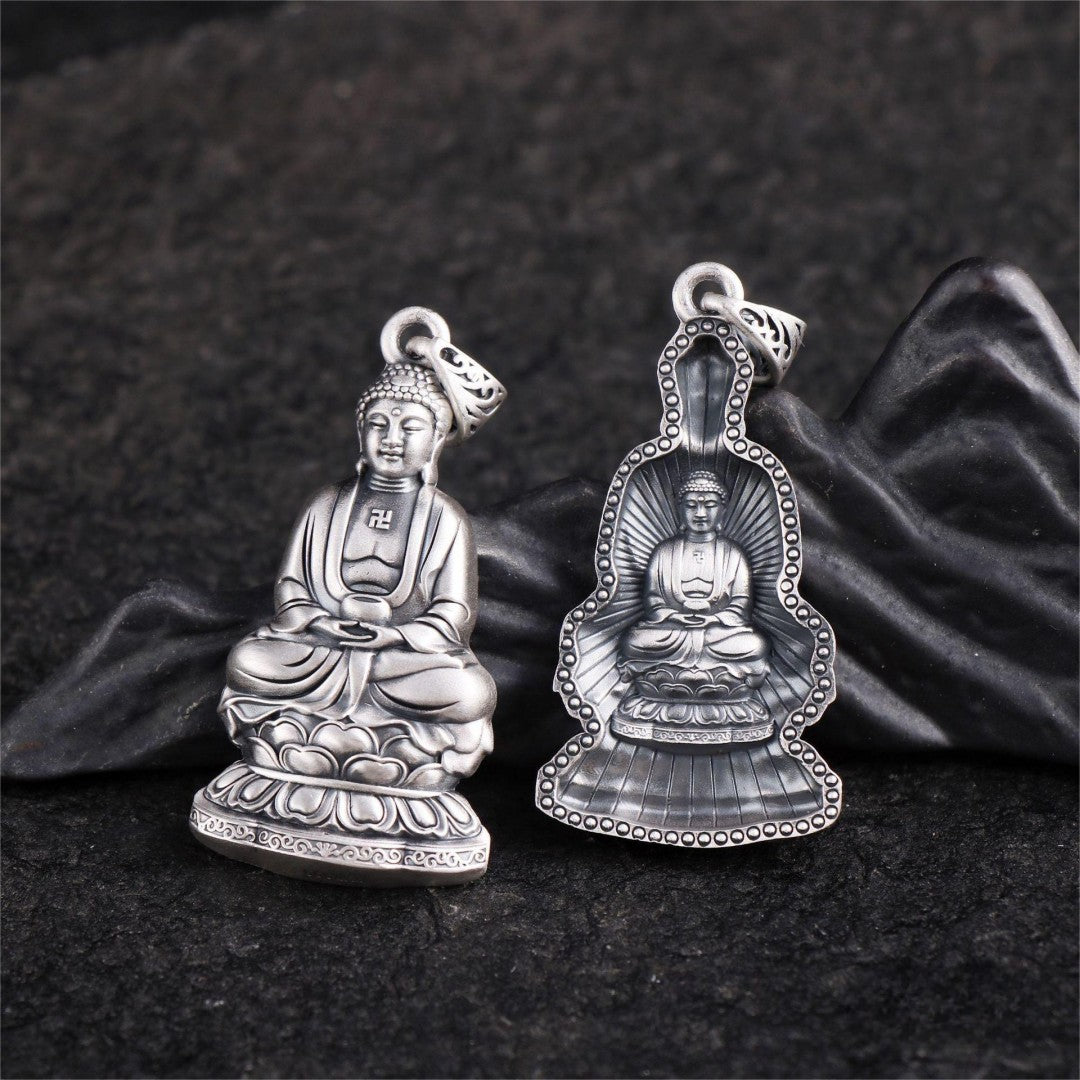 S999 Silver Double-Sided Da Ri Rulai Buddha Pendant – Vintage Embossed Buddhist Amulet Necklace