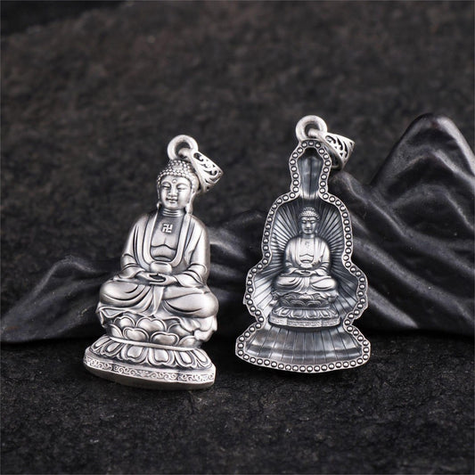 S999 Silver Double-Sided Da Ri Rulai Buddha Pendant – Vintage Embossed Buddhist Amulet Necklace
