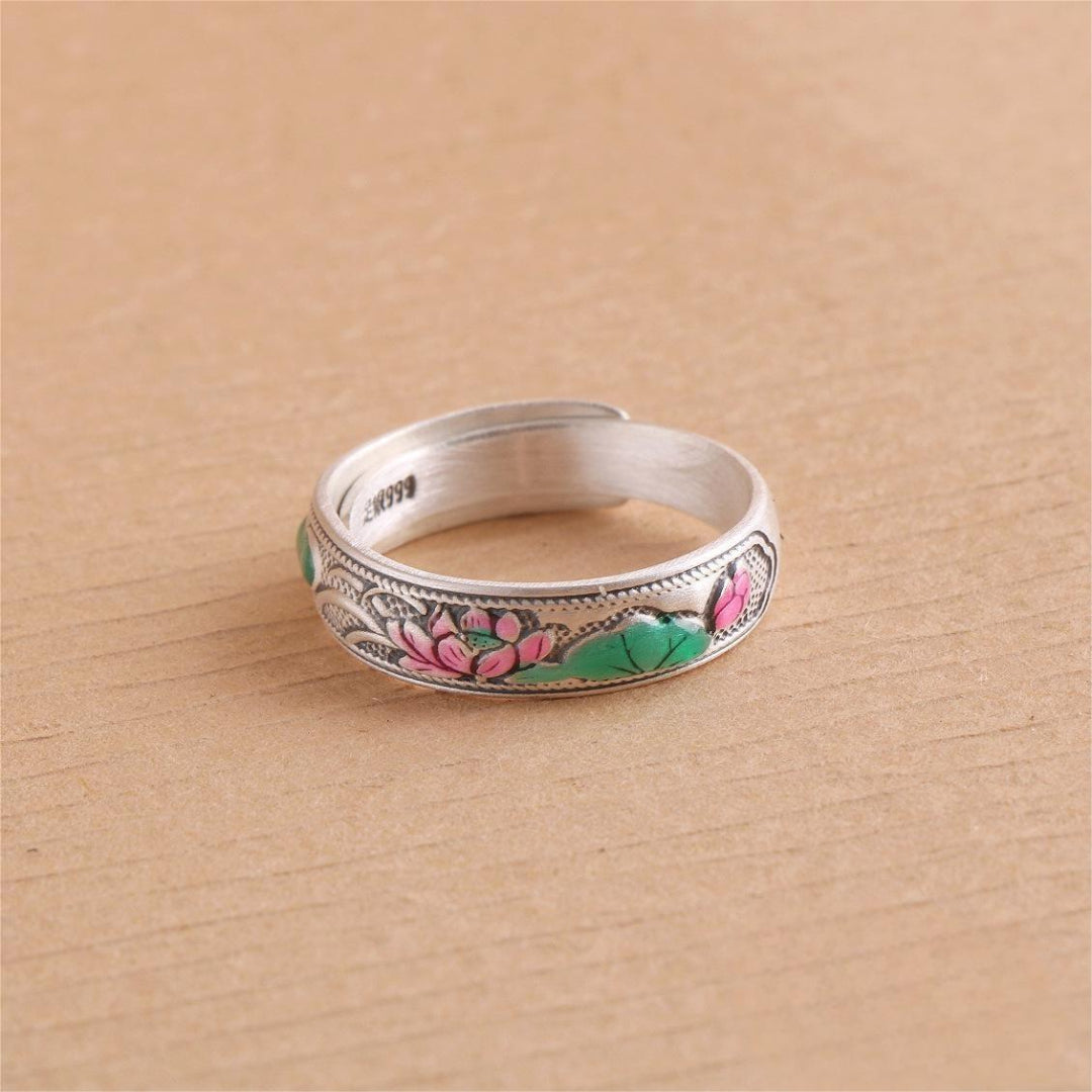 S999 sterling silver cloisonné enamel adjustable ring – bamboo, lotus, floral design