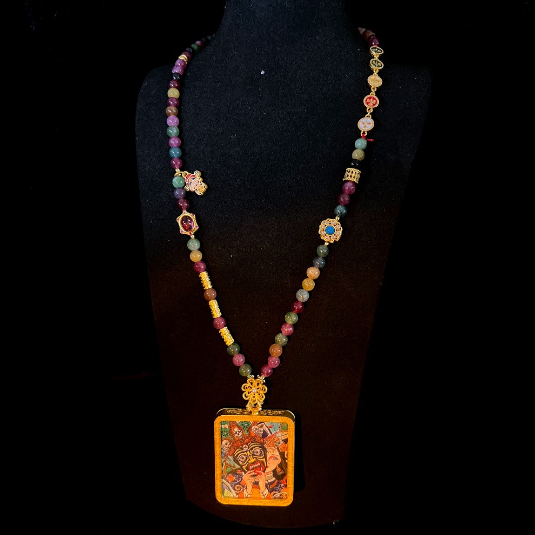 Tourmaline bead necklace with Zakiralam Thangka pendant