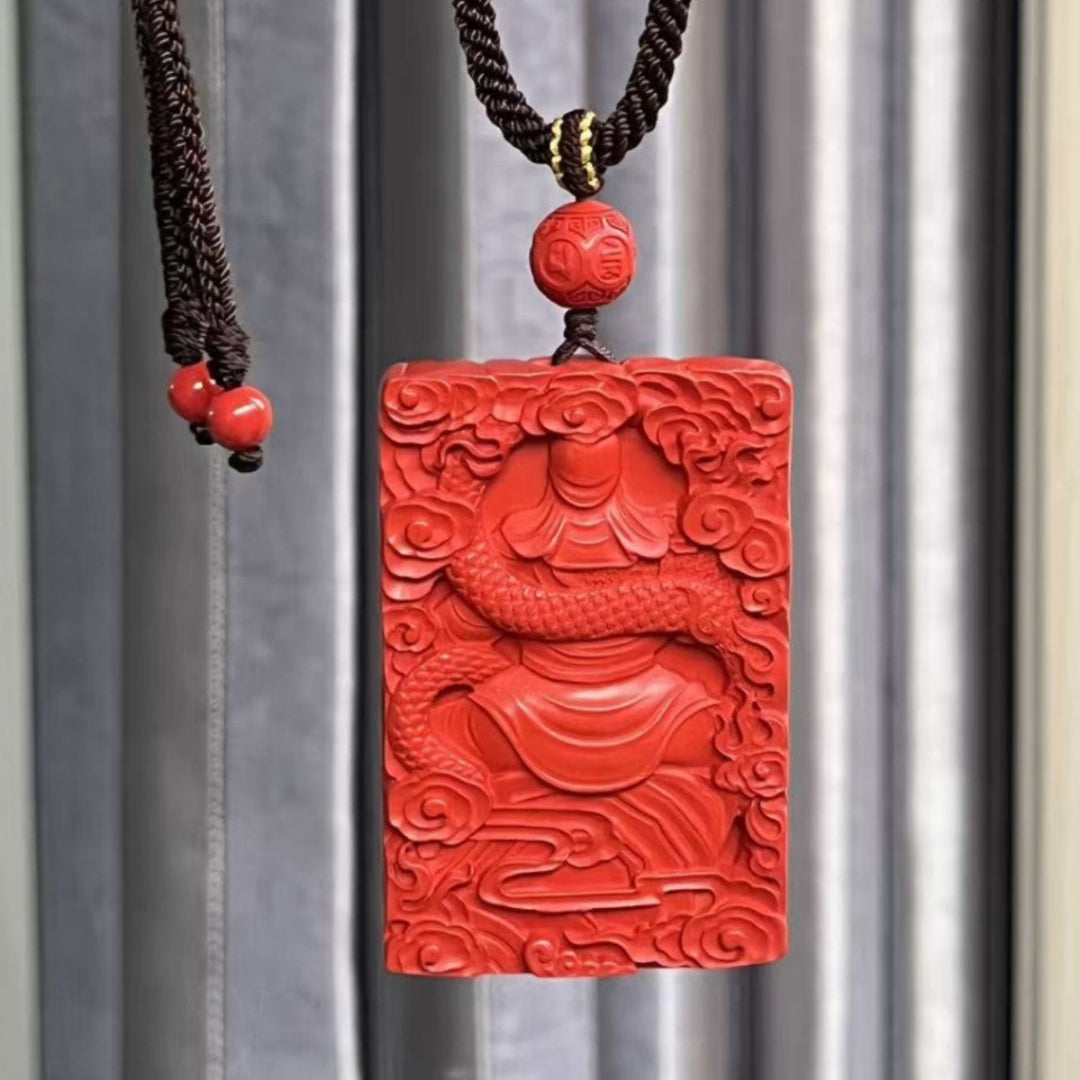 Guanyu Pendant – Cinnabar Wealth & Protection Amulet with Detailed Carving of the Chinese God of War