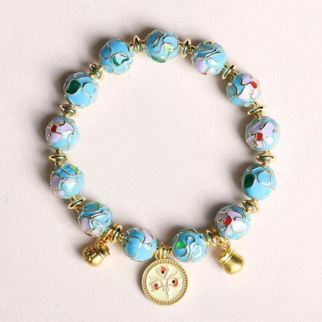 Cloisonné enamel flower bracelet with 10mm glass beads — Prosperity Blossom design