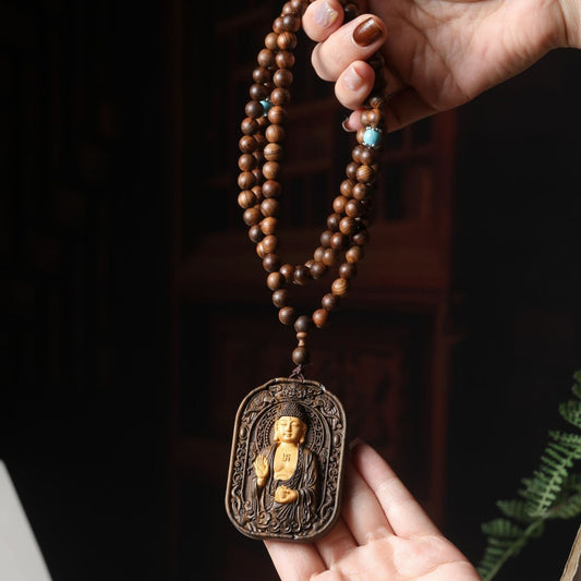 Agarwood Buddha Beads with Wooden Vairocana Buddha Amulet