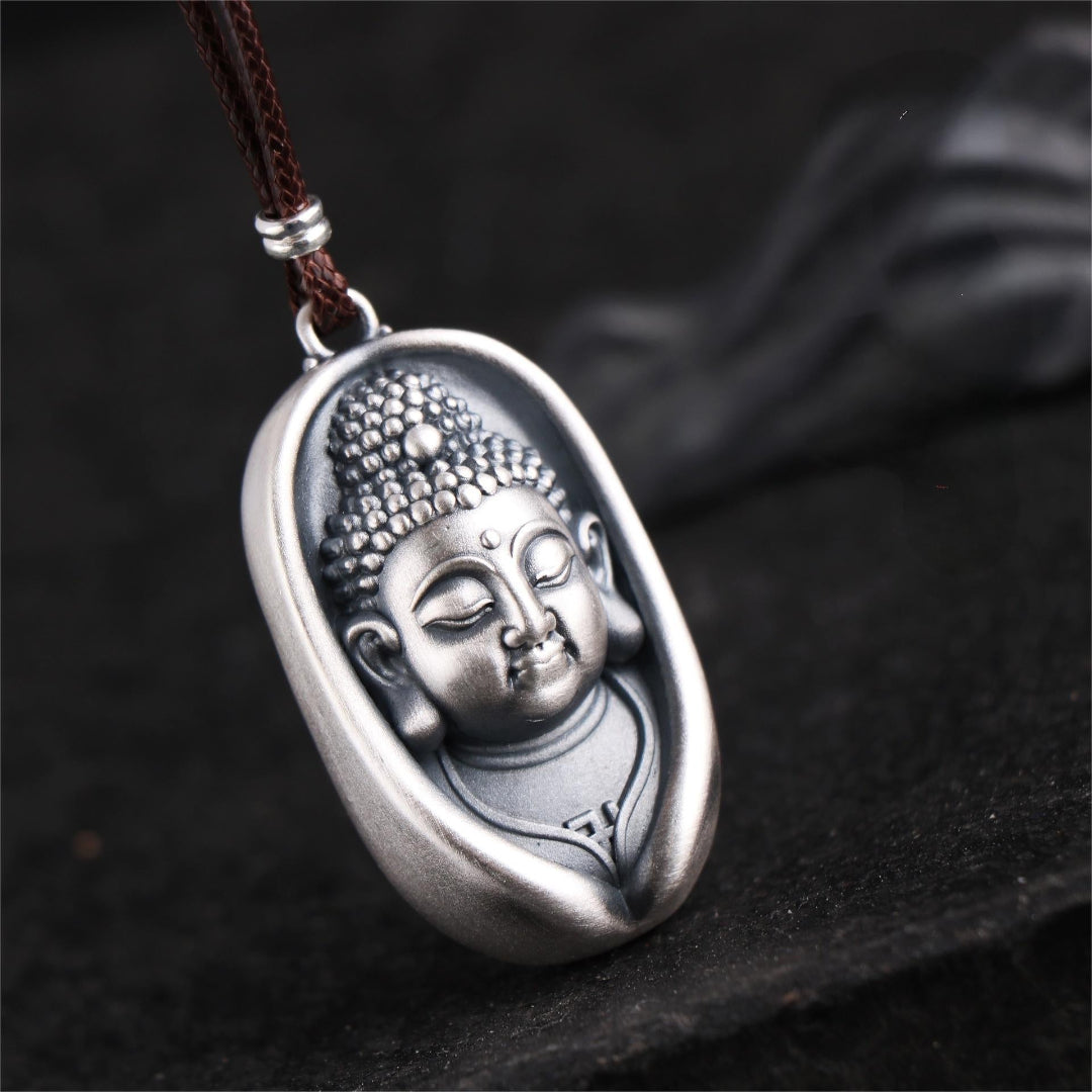 S999 Buddha Pendant Necklace – Vintage Sterling Silver Buddha Head & Lotus Flower Design