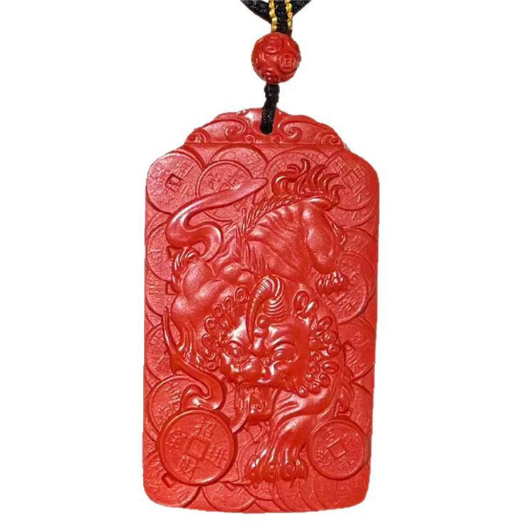 Cinnabar Pixiu and Five-Emperor Coins pendant necklace with engraved auspicious symbols