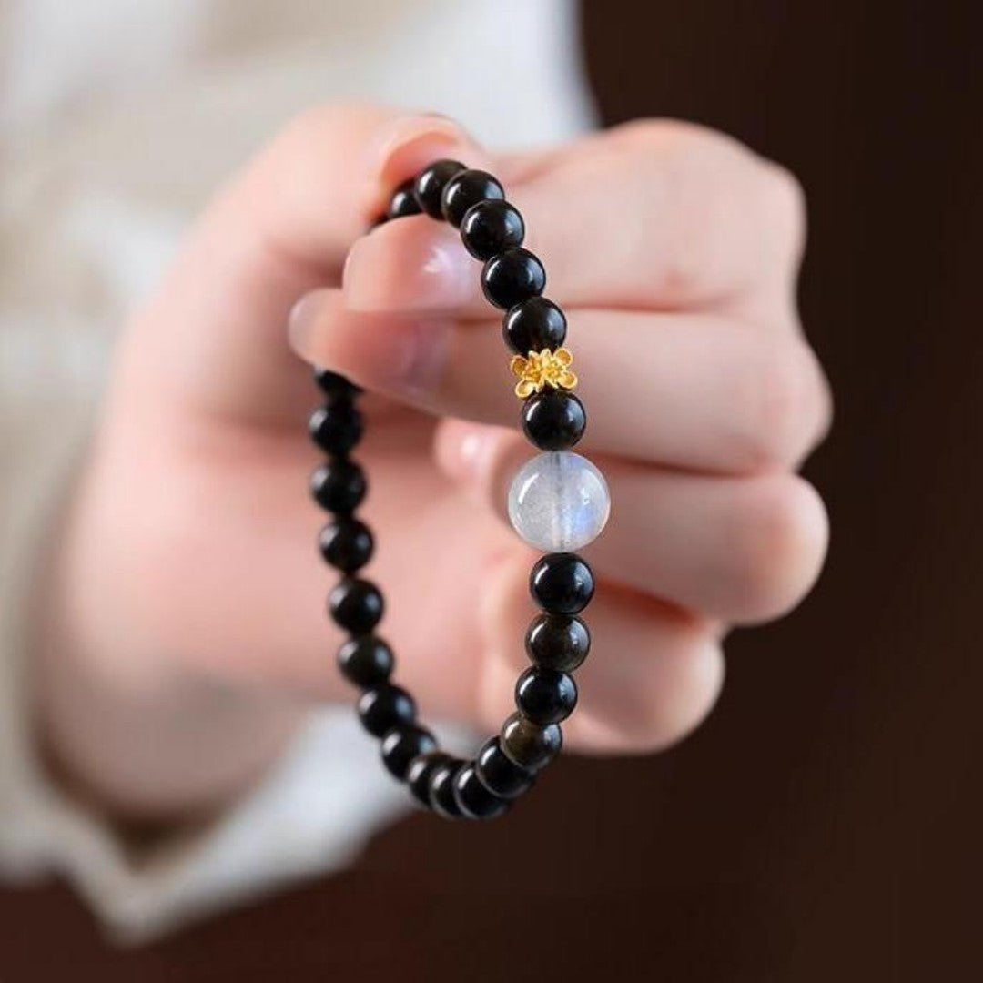 Obsidian grey moonstone four-leaf-clover Feng Shui bracelet