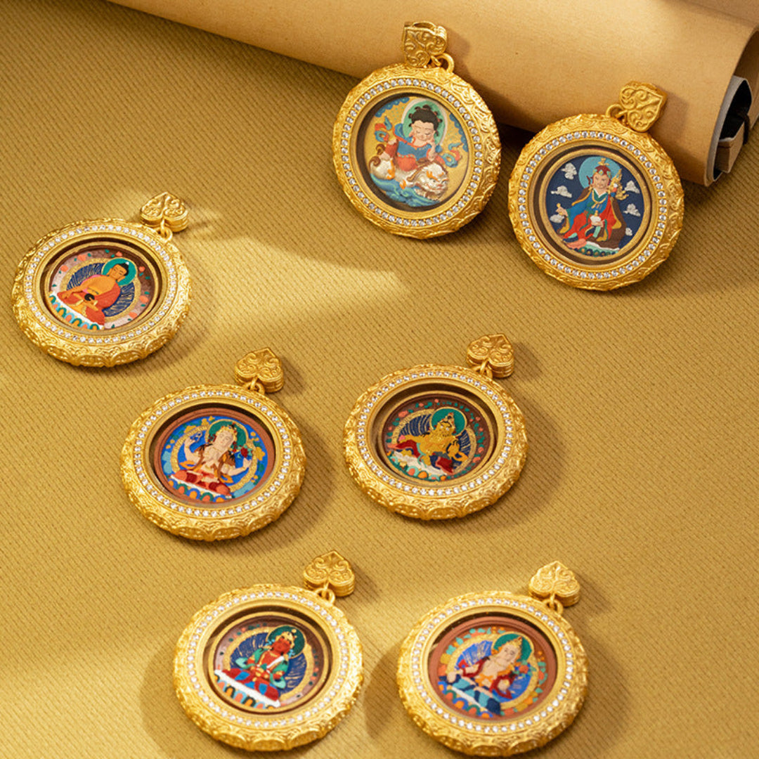 Hand-painted Tibetan Thangka pendant necklace in brass with traditional spiritual motifs