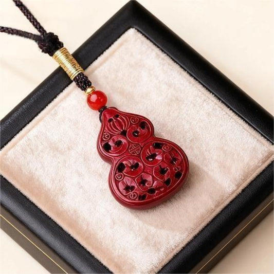 Hollow gourd cinnabar pendant necklace with openwork design, Eastern symbolic jewelry