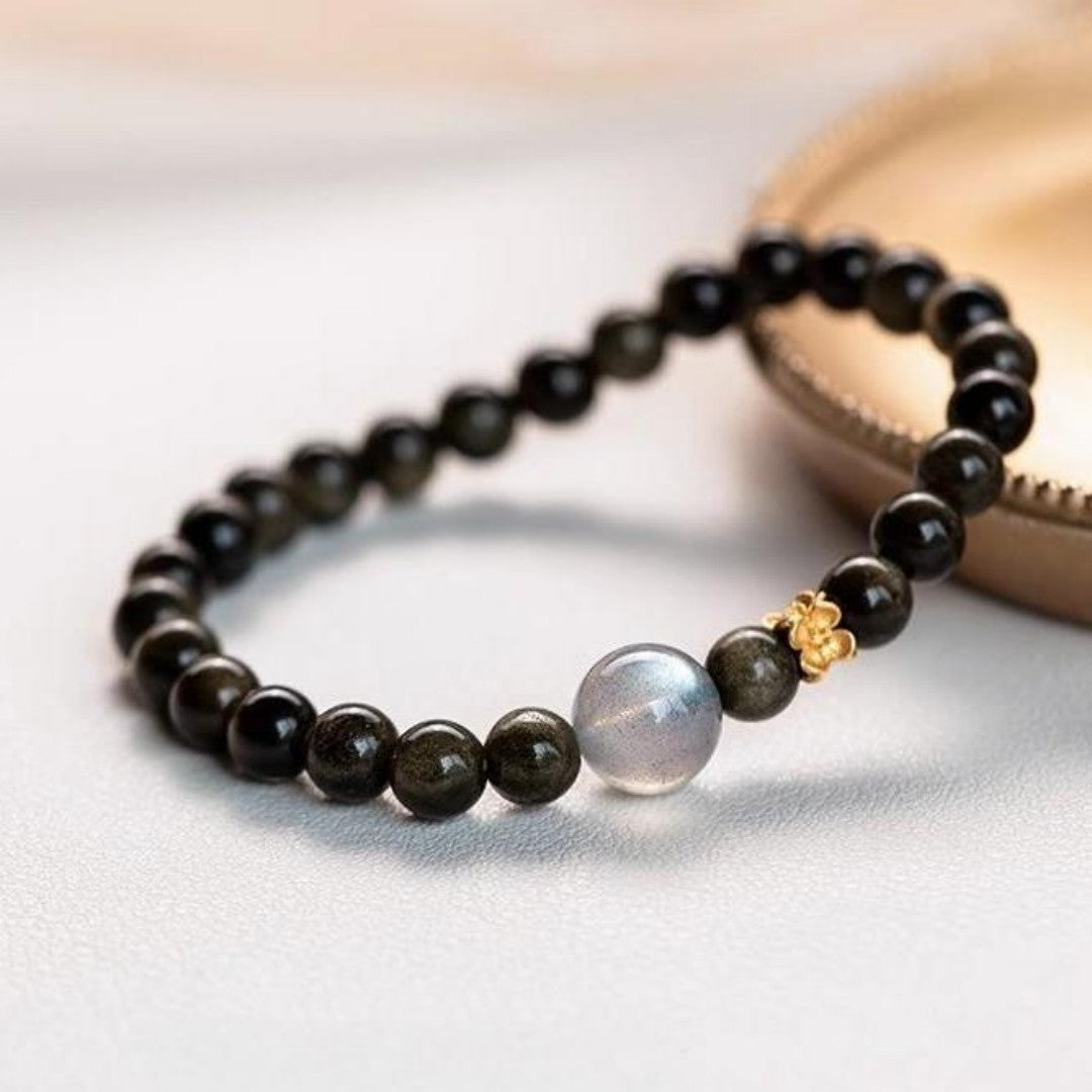 Obsidian grey moonstone four-leaf-clover Feng Shui bracelet