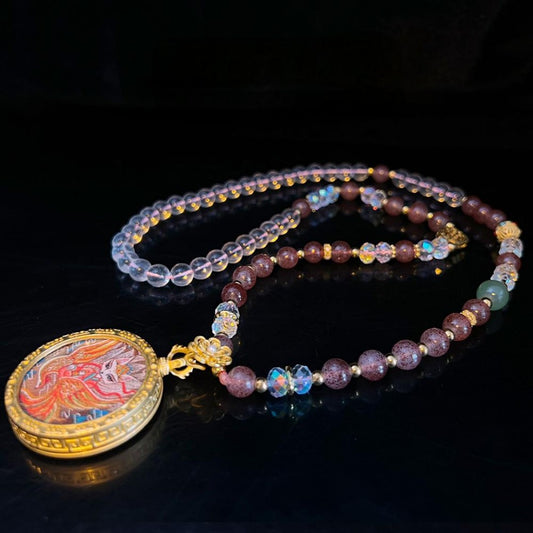 Strawberry and clear quartz Thangka necklace with Nine-Tailed Fox pendant
