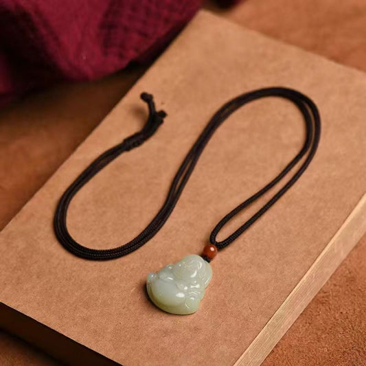 Natural White Jade Laughing Buddha Pendant Necklace for Ladies