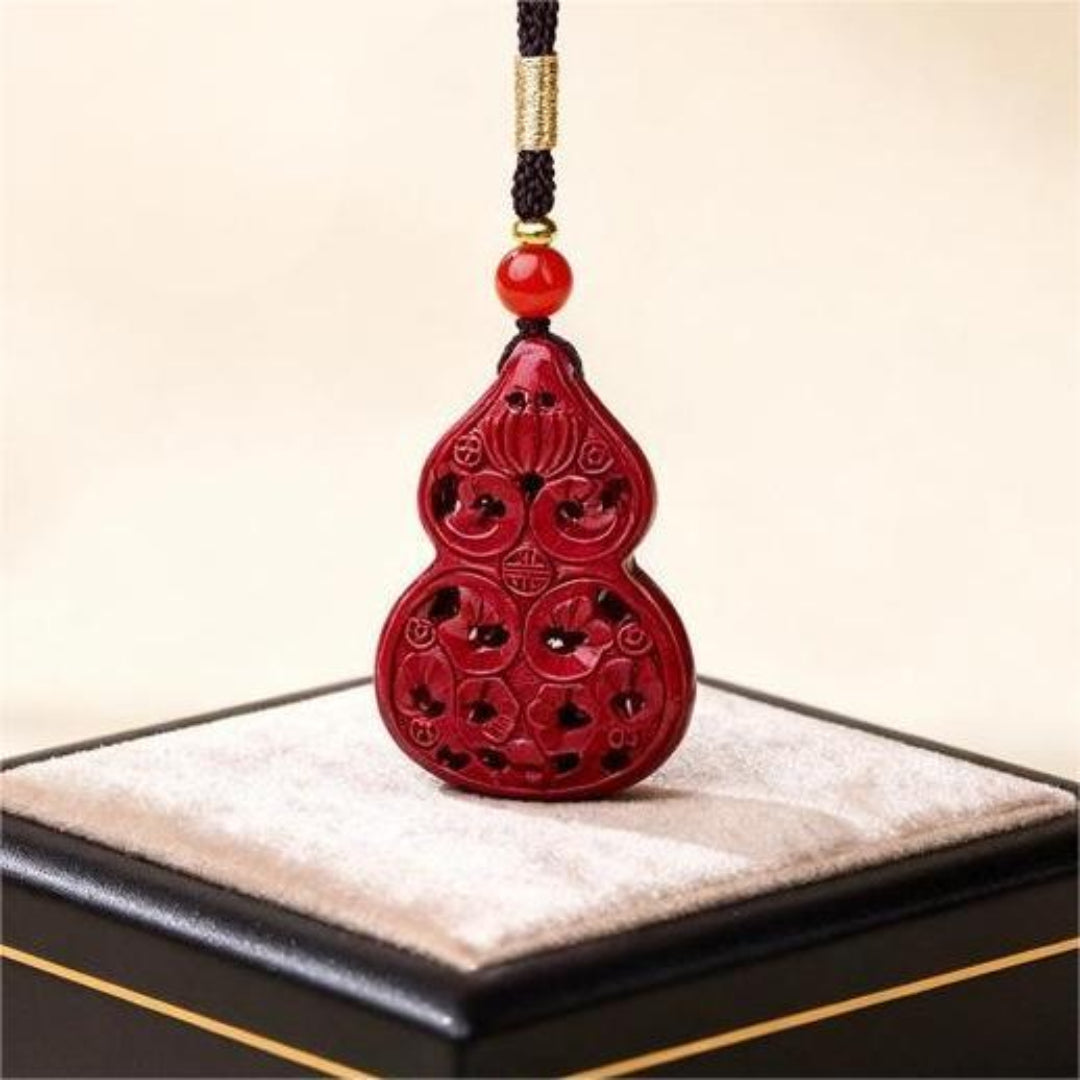 Hollow gourd cinnabar pendant necklace with openwork design, Eastern symbolic jewelry